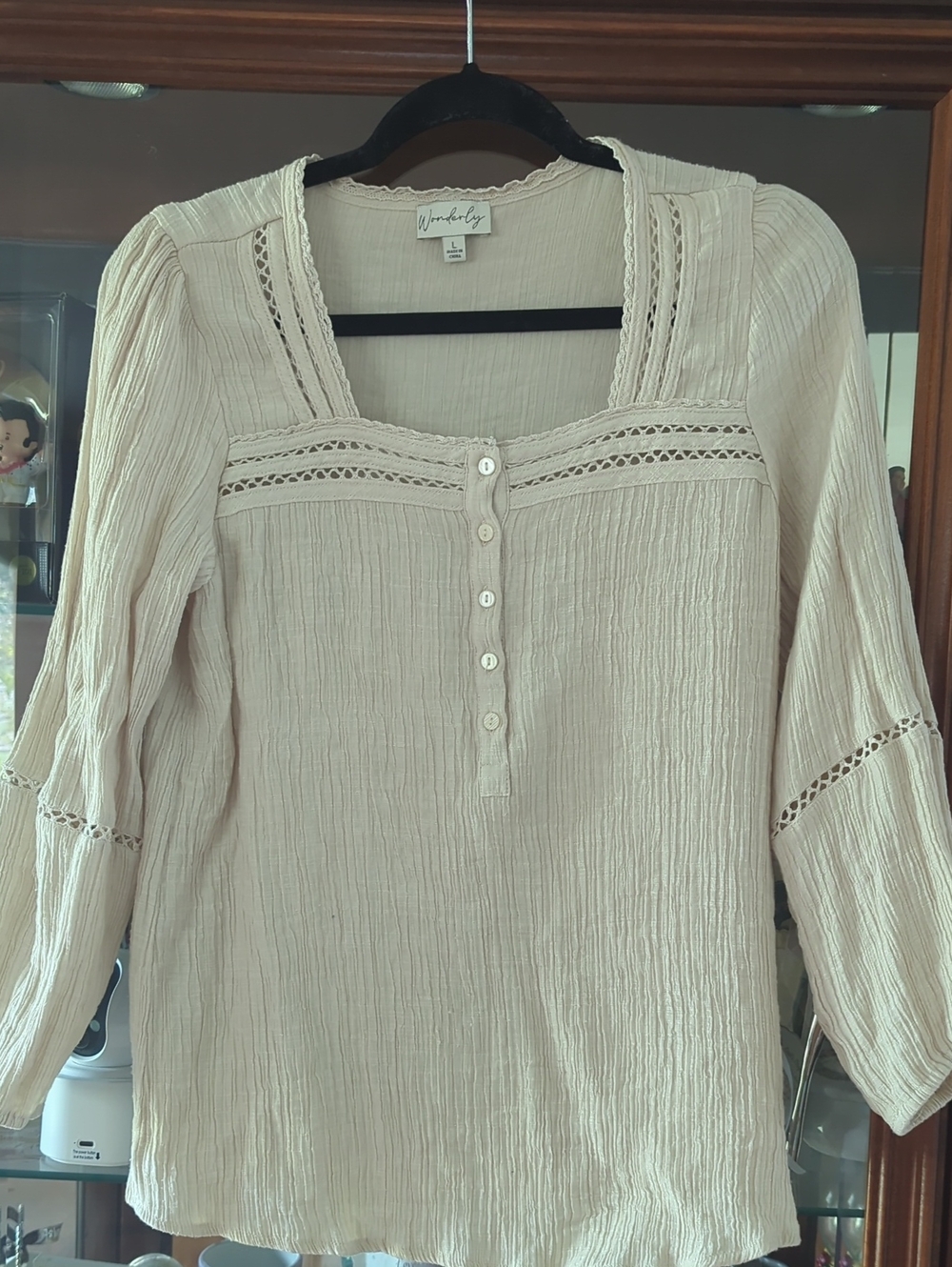 Wonderly Cream Textured Peasant Blouse with Lace Insets